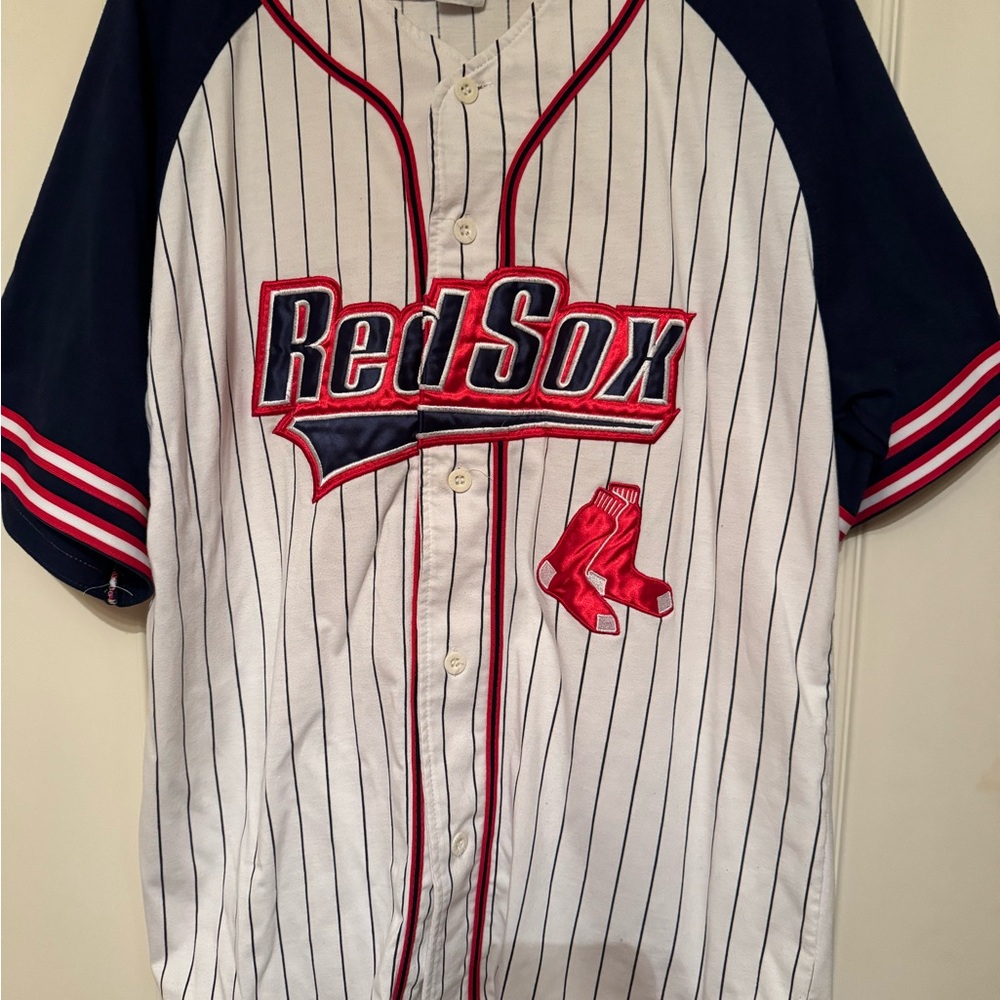Vintage Boston Red Sox Pinstripe Starter Jersey  90's MLB Button Up Size Large